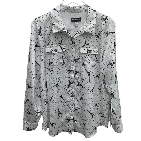 Karl Lagerfeld Paris Eiffel Tower Print Blouse Roll-Tab Sleeves Size Large - Picture 2 of 10